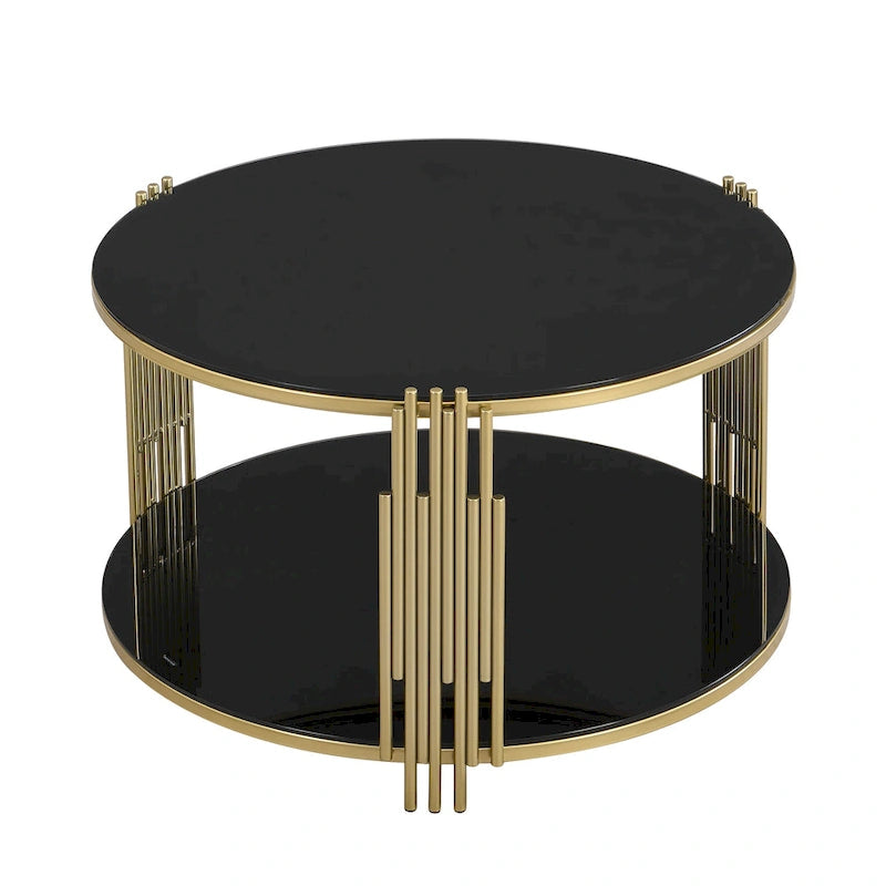 Modern Black Mirror Coffee Table with Gold Finish & Lower Shelf by Harper&Bright Designs
