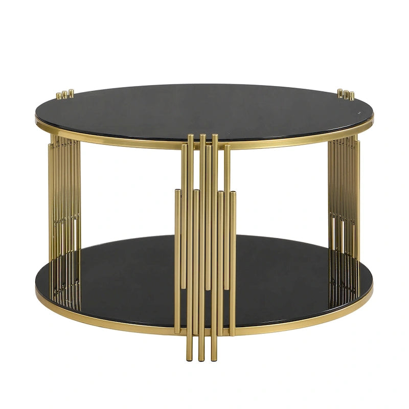 Modern Black Mirror Coffee Table with Gold Finish & Lower Shelf by Harper&Bright Designs
