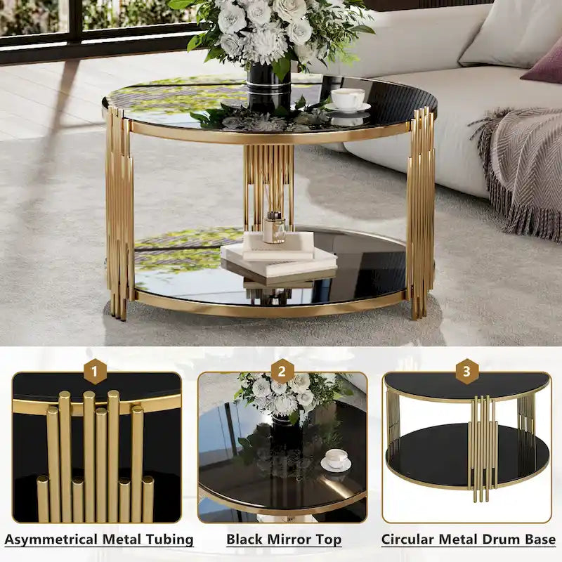 Modern Black Mirror Coffee Table with Gold Finish & Lower Shelf by Harper&Bright Designs