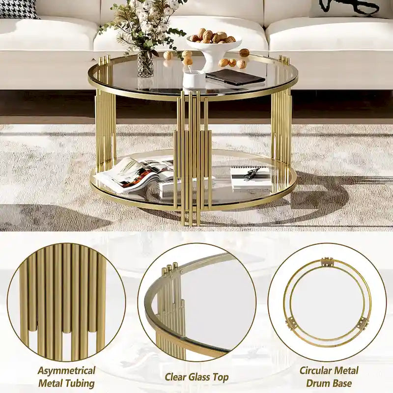 Modern Black Mirror Coffee Table with Gold Finish & Lower Shelf by Harper&Bright Designs