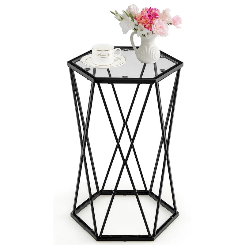 Costway End Table Tempered Glass Top Metal Frame Hexagonal Accent Side - 16x 13.5x 24