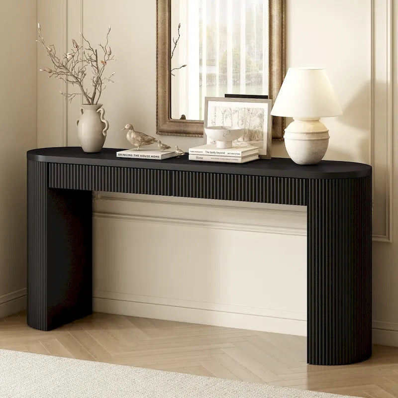 Modern Curved Console Table with Drawers, Long Sofa Side Table Narrow Entryway Table for Living Room Hallway