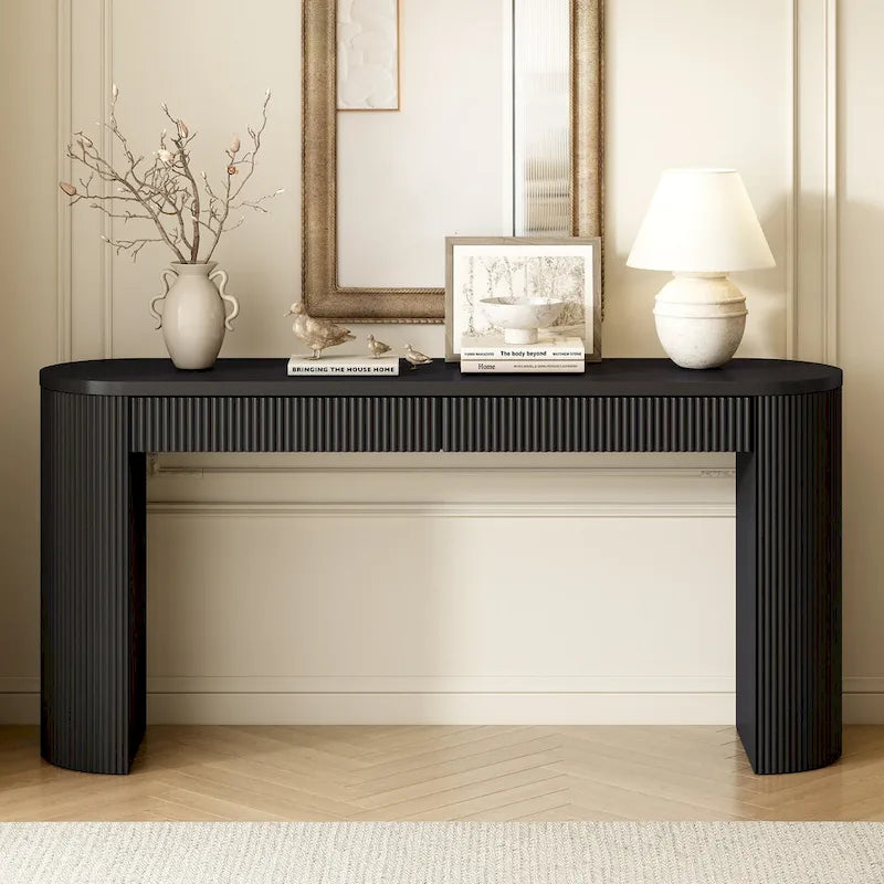 Modern Curved Console Table with Drawers, Long Sofa Side Table Narrow Entryway Table for Living Room Hallway