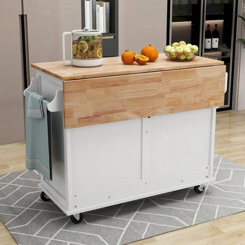 Kitchen Cart With Rubber Wood Drop-Leaf Countertop(no include stool)