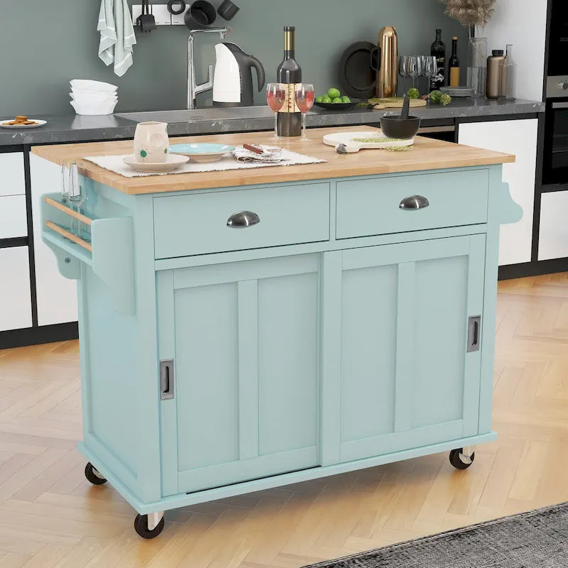 Kitchen Cart With Rubber Wood Drop-Leaf Countertop(no include stool)