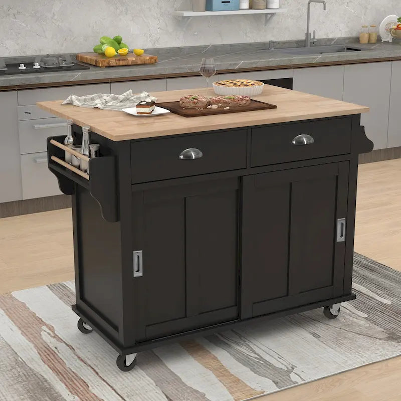 Kitchen Cart With Rubber Wood Drop-Leaf Countertop(no include stool)