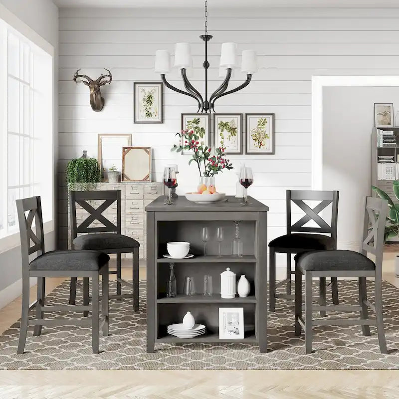 5-Piece Rustic Dining Set with Wooden Bar Table & 4 Chairs