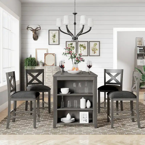 5-Piece Rustic Dining Set with Wooden Bar Table & 4 Chairs