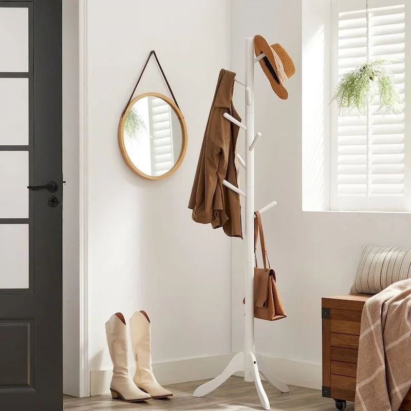 Solid Wood Modern Coat Rack, 8 Hooks, 53 lb Capacity, Adjustable 3-Section Design with Triangular Base