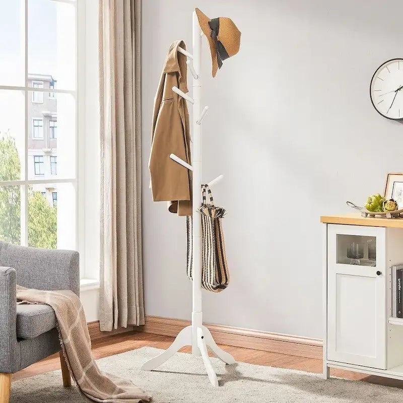 Solid Wood Modern Coat Rack, 8 Hooks, 53 lb Capacity, Adjustable 3-Section Design with Triangular Base