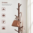 Solid Wood Modern Coat Rack, 8 Hooks, 53 lb Capacity, Adjustable 3-Section Design with Triangular Base