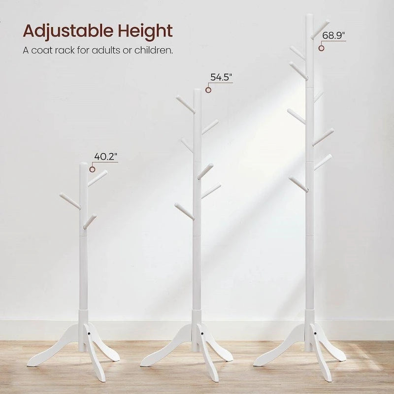 Solid Wood Modern Coat Rack, 8 Hooks, 53 lb Capacity, Adjustable 3-Section Design with Triangular Base