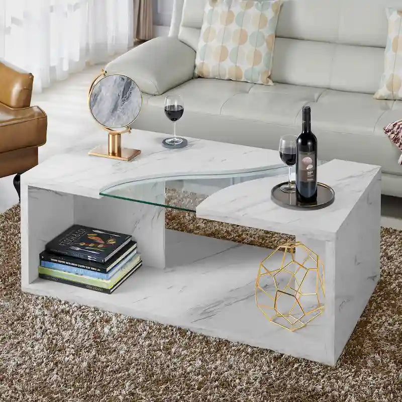 Kobe Modern Faux Marble Veneer Coffee Table with Shelf by Furniture of America