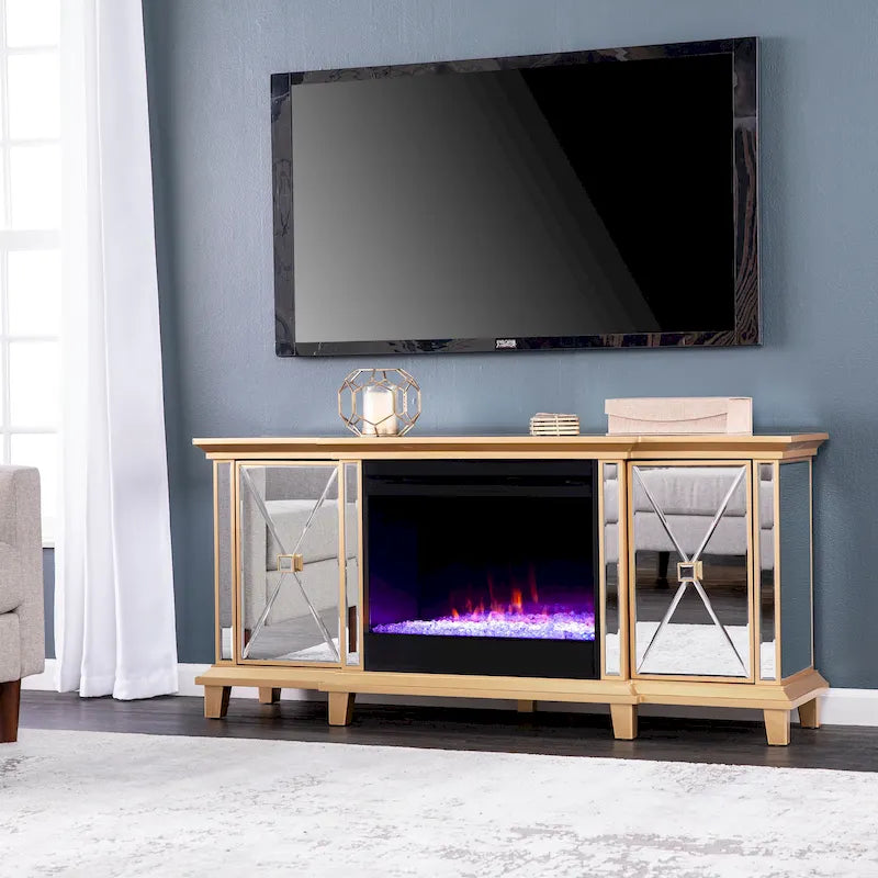 SEI Furniture Mirrored Media TV Stand with Color Changing Fireplace Insert for TV's up to 62