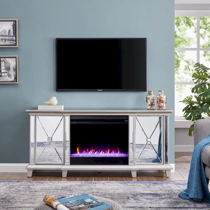 SEI Furniture Mirrored Media TV Stand with Color Changing Fireplace Insert for TV's up to 62