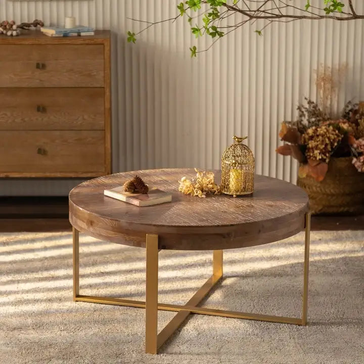 Modern Retro Splicing Round Coffee Table with Cross Legs