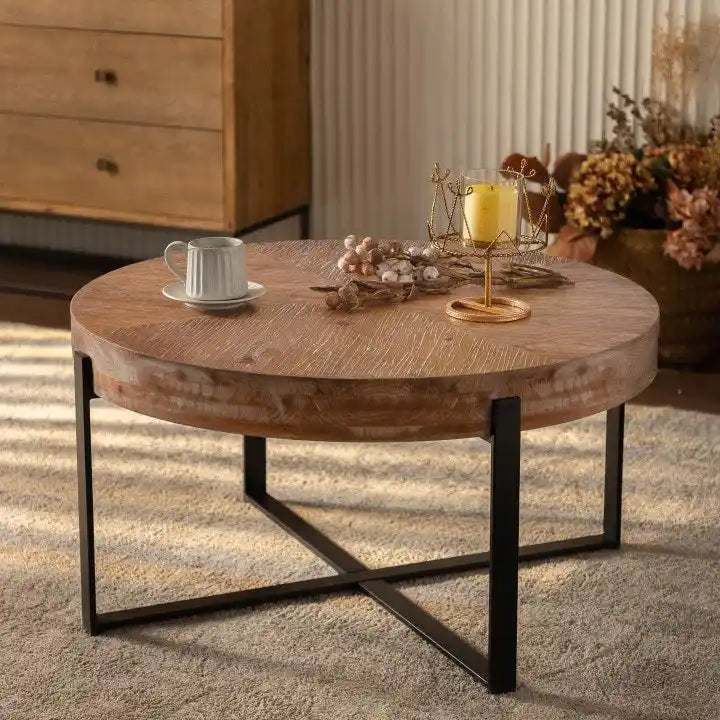 Modern Retro Splicing Round Coffee Table with Cross Legs