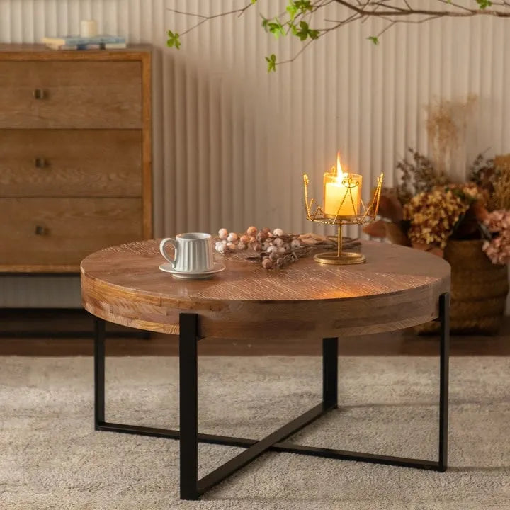 Modern Retro Splicing Round Coffee Table with Cross Legs