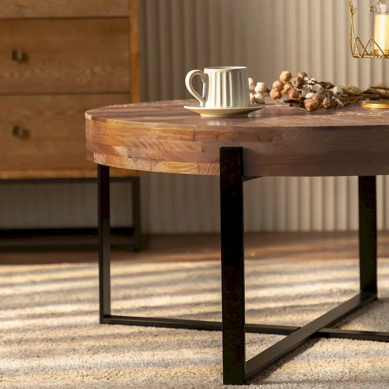Modern Retro Splicing Round Coffee Table with Cross Legs