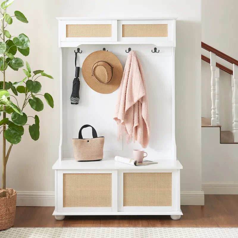 Hall Tree Entryway Bench with Rattan Door and Shoe Cabinets