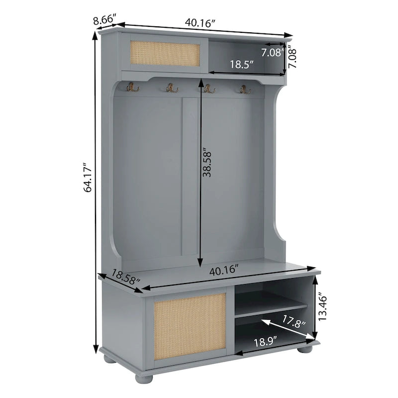 Hall Tree Entryway Bench with Rattan Door and Shoe Cabinets