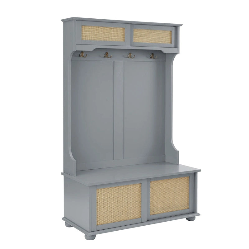 Hall Tree Entryway Bench with Rattan Door and Shoe Cabinets