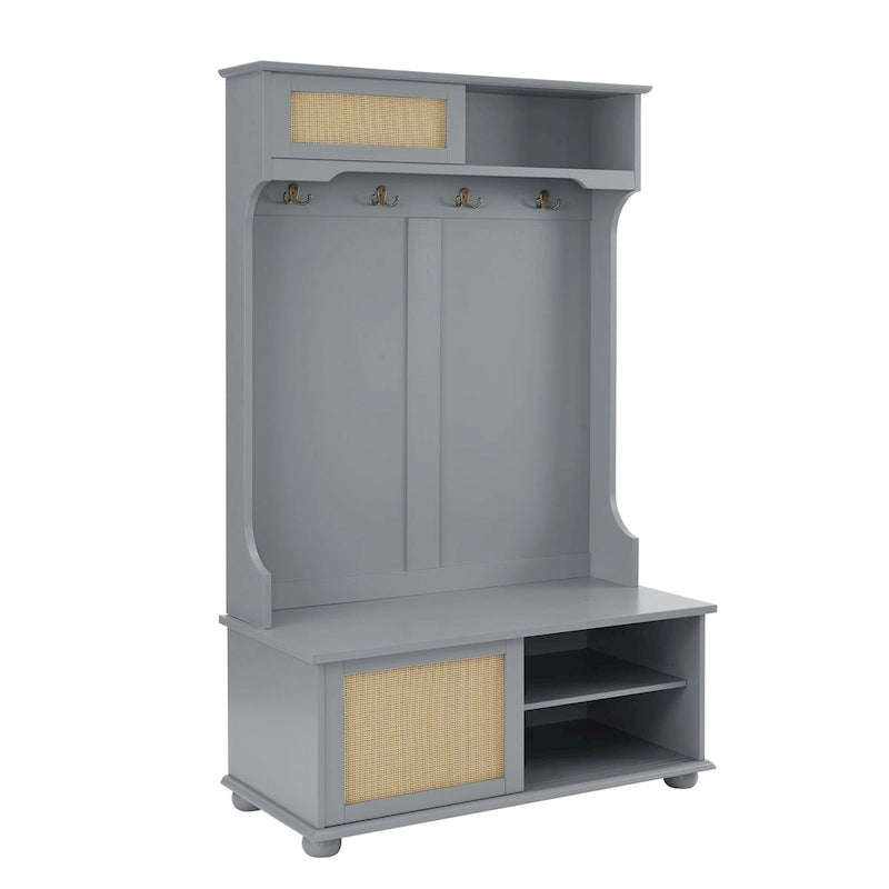 Hall Tree Entryway Bench with Rattan Door and Shoe Cabinets