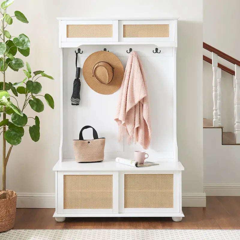 Hall Tree Entryway Bench with Rattan Door and Shoe Cabinets