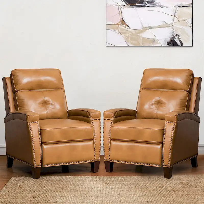 Gaspar Mid-Century Modern Genuine Leather Pushback Recliner with Wood legs Set of 2 by HULALA HOME