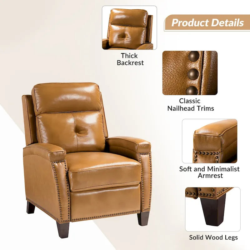 Gaspar Mid-Century Modern Genuine Leather Pushback Recliner with Wood legs Set of 2 by HULALA HOME