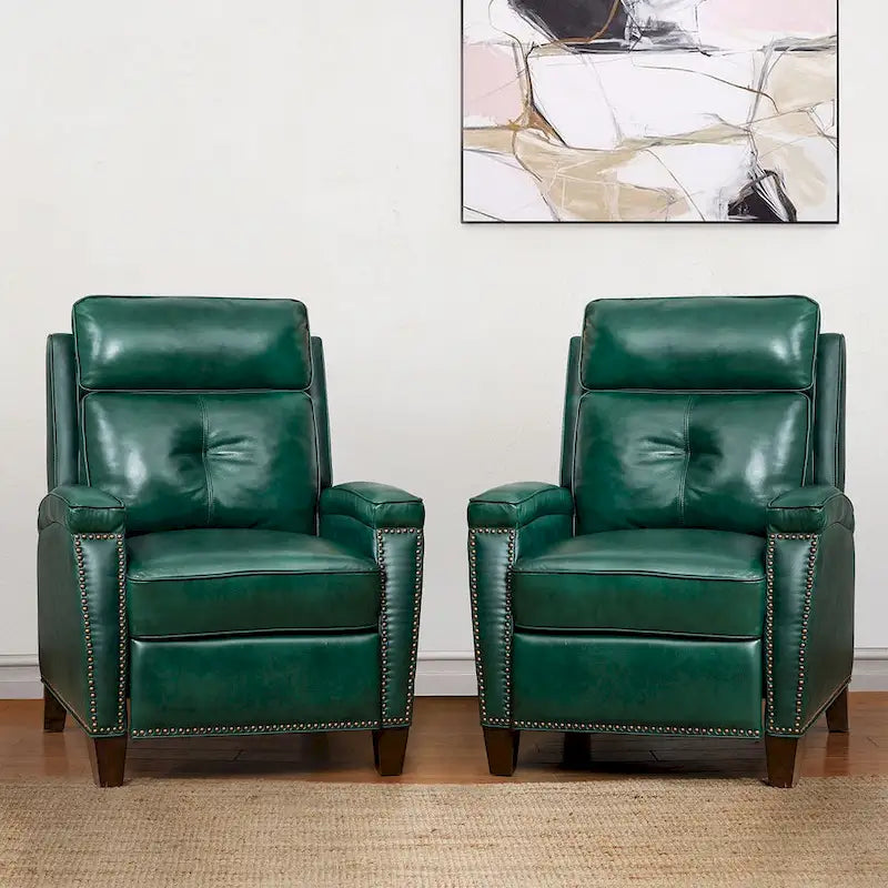 Gaspar Mid-Century Modern Genuine Leather Pushback Recliner with Wood legs Set of 2 by HULALA HOME