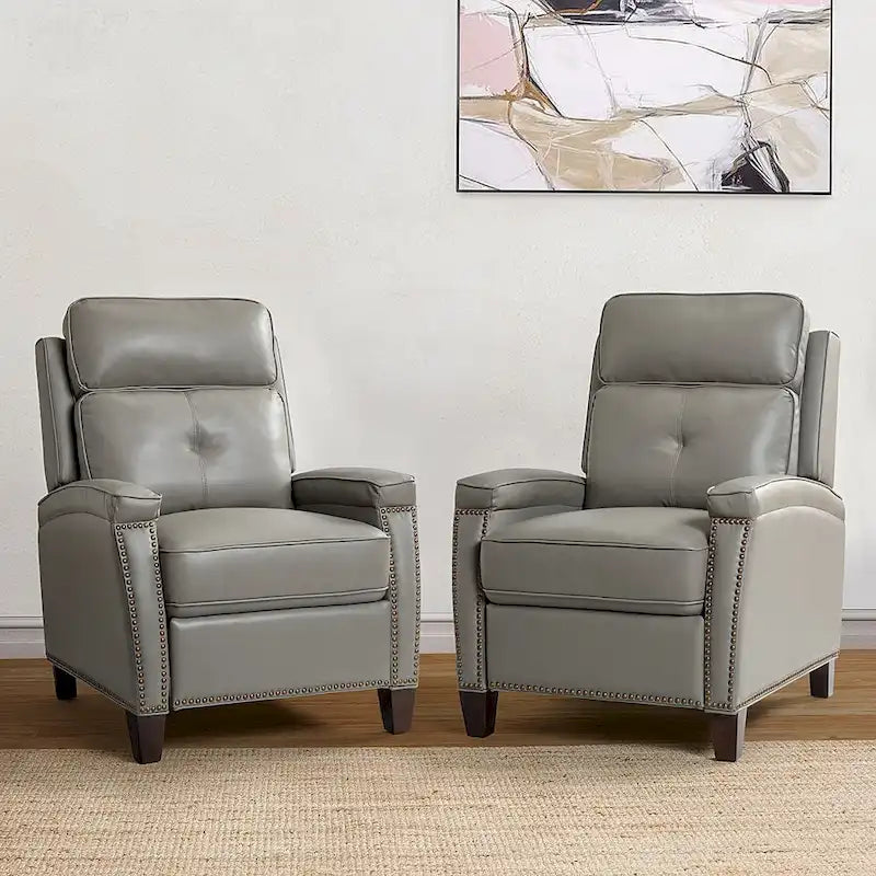 Gaspar Mid-Century Modern Genuine Leather Pushback Recliner with Wood legs Set of 2 by HULALA HOME