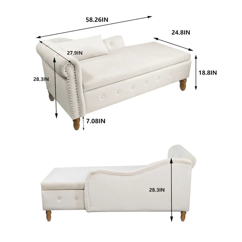 Chaise Lounge Indoor,Velvet Lounge Chair for Bedroom with Storage & Pillow,Modern Upholstered Rolled Arm Chase Lounge