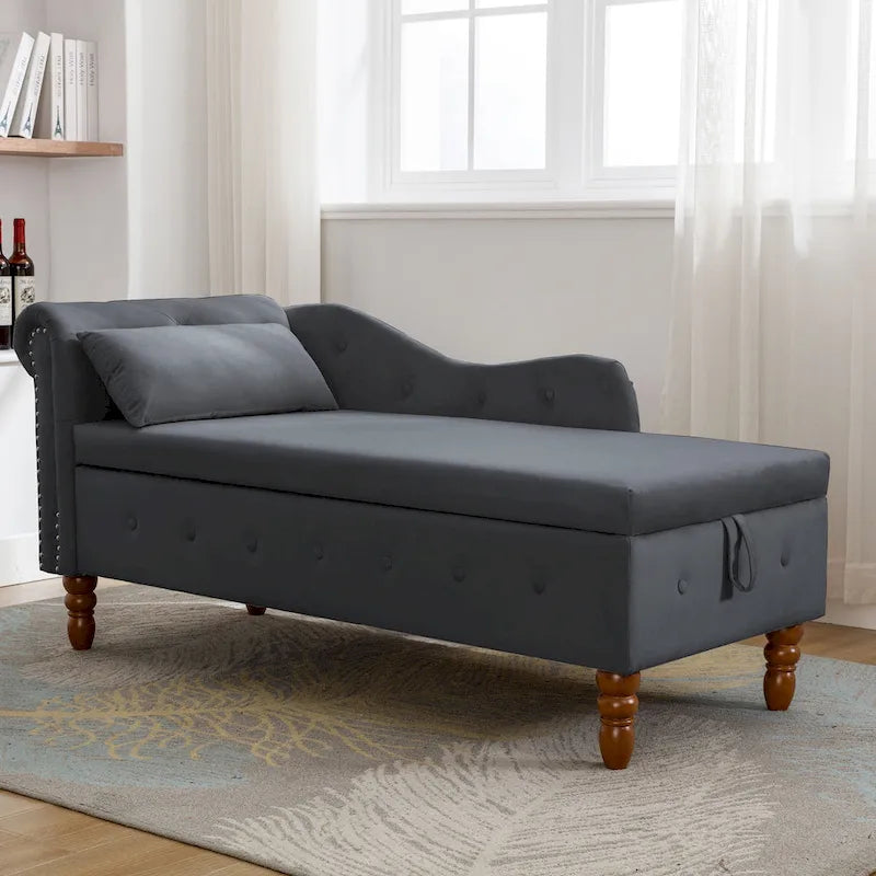 Chaise Lounge Indoor,Velvet Lounge Chair for Bedroom with Storage & Pillow,Modern Upholstered Rolled Arm Chase Lounge