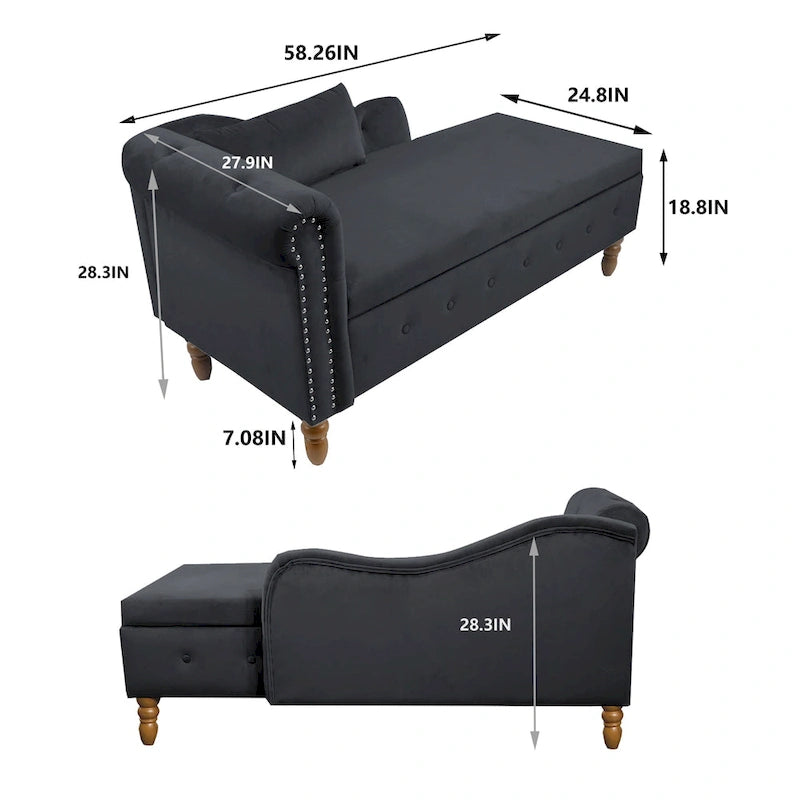 Chaise Lounge Indoor,Velvet Lounge Chair for Bedroom with Storage & Pillow,Modern Upholstered Rolled Arm Chase Lounge