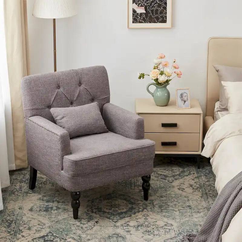 HUIMO Arm Chair Upholstered Button Tufted Accent Chair with Lumbar Pillow Beige/ Grey/ Light Blue/Brown