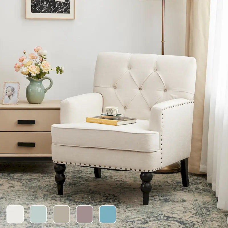 HUIMO Arm Chair Upholstered Button Tufted Accent Chair with Lumbar Pillow Beige/ Grey/ Light Blue/Brown