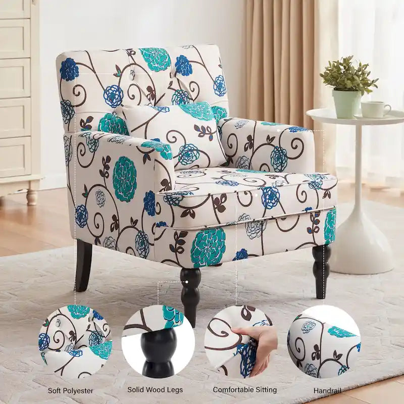 HUIMO Arm Chair Upholstered Button Tufted Accent Chair with Lumbar Pillow Beige/ Grey/ Light Blue/Brown