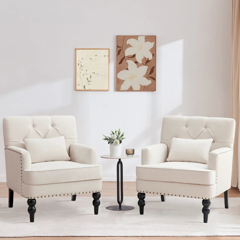 HUIMO Arm Chair Upholstered Button Tufted Accent Chair with Lumbar Pillow Beige/ Grey/ Light Blue/Brown