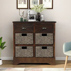 28 Wood 2 Drawers Storage Cabinet with 4 Rattan Basket