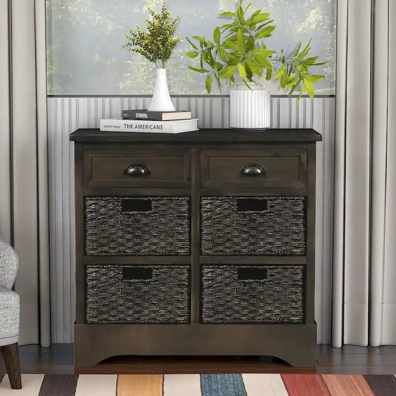 28 Wood 2 Drawers Storage Cabinet with 4 Rattan Basket