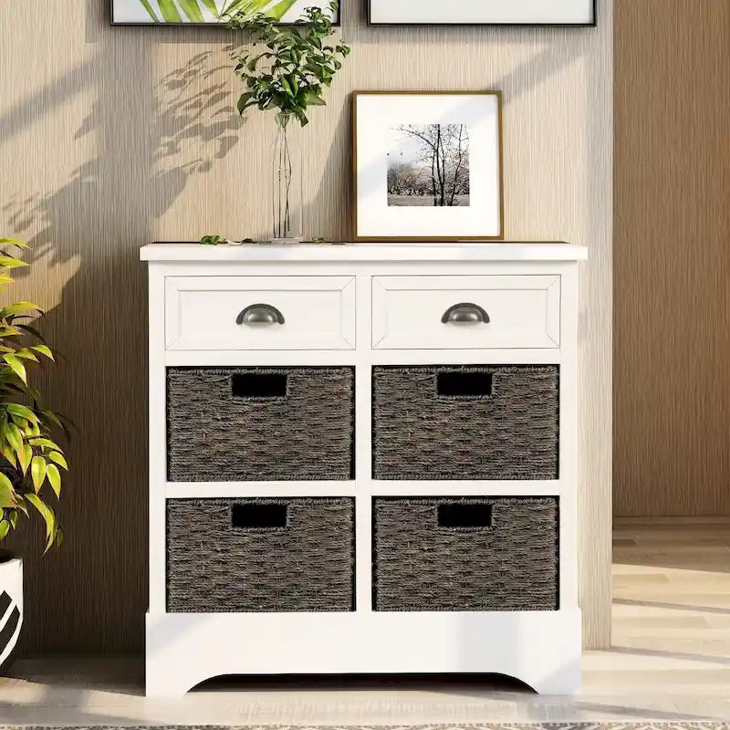 28 Wood 2 Drawers Storage Cabinet with 4 Rattan Basket
