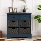 28 Wood 2 Drawers Storage Cabinet with 4 Rattan Basket