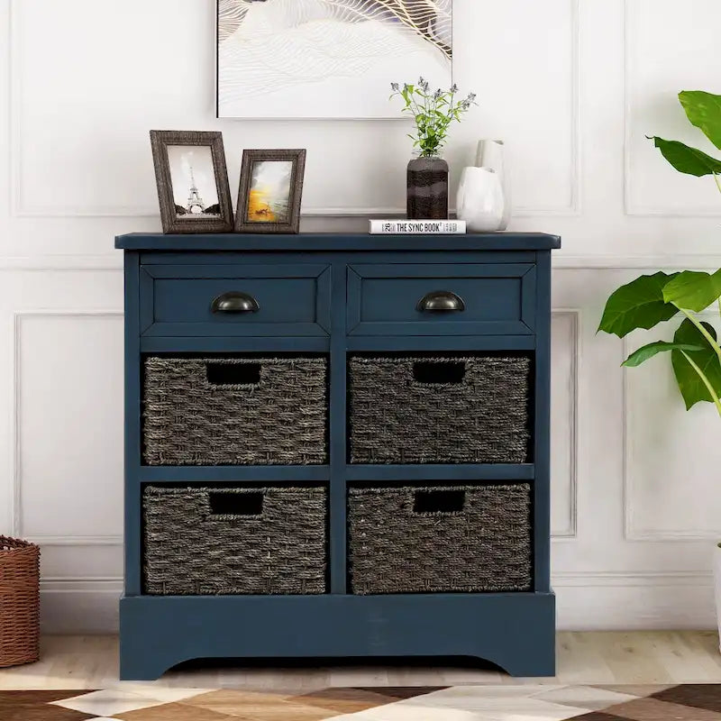 28 Wood 2 Drawers Storage Cabinet with 4 Rattan Basket