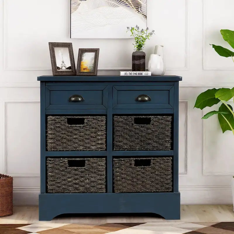 28 Wood 2 Drawers Storage Cabinet with 4 Rattan Basket