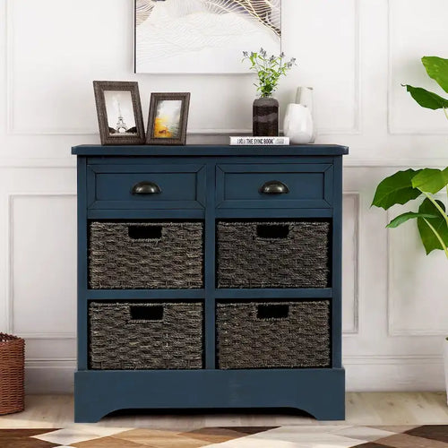 28 Wood 2 Drawers Storage Cabinet with 4 Rattan Basket