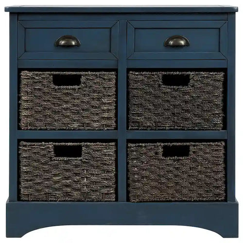 28 Wood 2 Drawers Storage Cabinet with 4 Rattan Basket