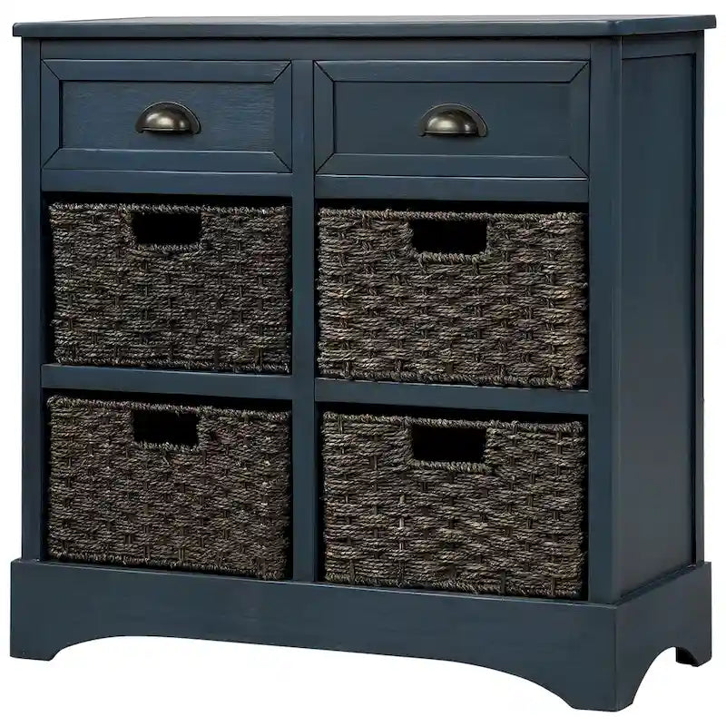 28 Wood 2 Drawers Storage Cabinet with 4 Rattan Basket