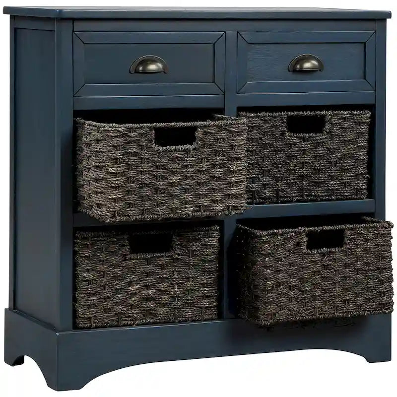 28 Wood 2 Drawers Storage Cabinet with 4 Rattan Basket