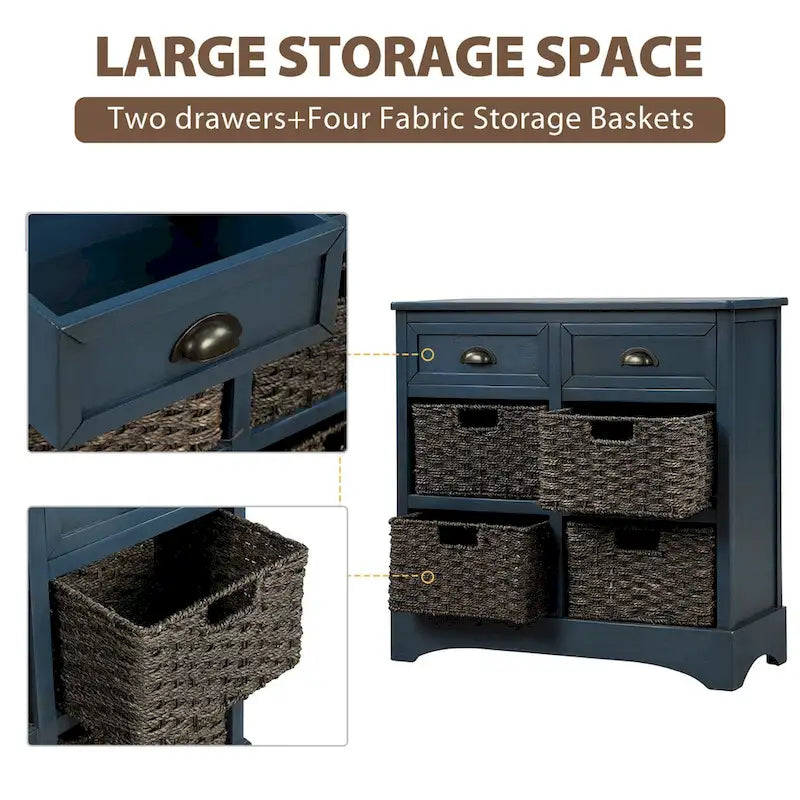 28 Wood 2 Drawers Storage Cabinet with 4 Rattan Basket